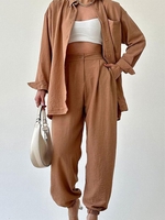 Women Casual Plain Spring/Fall Natural Daily Regular Fit Long sleeve Regular Shirt Collar Two-Piece Sets