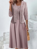 Women Casual Plain Spring/Fall Natural Daily Three Quarter Sleeve Shawl Collar Coat With Skirt Regular Two-Piece Sets