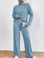 Women Casual Plain Spring/Fall Natural Long Sleeve Turtleneck Top With Pants H-Line Regular Two-Piece Sets
