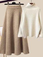 Women Casual Plain Spring/Fall Natural Loose Long Sleeve Wool/Knitting Top With Skirt Regular Two-Piece Sets