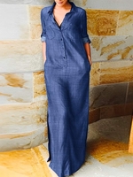 Women Casual Plain Spring/Fall Natural No Elasticity Daily Loose Long sleeve Denim Denim Dresses