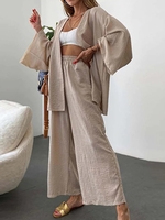 Women Casual Plain Spring/Fall Natural No Elasticity Daily Loose Long Sleeve H-Line Two-Piece Sets