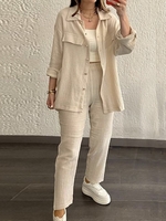 Women Casual Plain Spring/Fall No Elasticity Daily Long sleeve Cotton-Blend Top With Pants Shirt Collar Two-Piece Sets