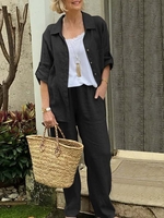 Women Casual Plain Spring/Fall Polyester Daily Loose Long Sleeve Top With Pants Shirt Collar Two-Piece Sets