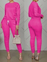 Women Casual Plain Spring/Fall Polyester High Elasticity Regular Fit Crew Neck Top With Pants Regular Two-Piece Sets