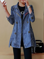 Women Casual Plain Spring/Fall Polyester Natural Long Sleeve Lapel Collar Regular H-Line Denim Jackets