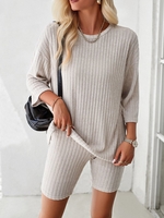 Women Casual Plain Spring/Fall Polyester Natural Micro-Elasticity Daily Loose Crew Neck Two-Piece Sets