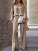 Women Casual Plain Spring/Fall Polyester Natural No Elasticity Daily Loose Top With Pants Two-Piece Sets
