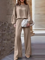 Women Casual Plain Spring/Fall Polyester Natural No Elasticity Daily Loose Top With Pants Two-Piece Sets