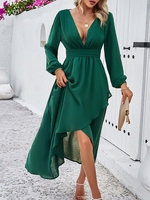 Women Casual Plain Spring/Fall Polyester V neck Daily Long Sleeve Regular No Dresses