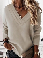 Women Casual Plain Spring/Fall Polyester V neck Loose Long Sleeve Regular H-Line Sweatshirts