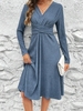 Women Casual Plain Spring/Fall Polyester V neck Loose Midi Long Sleeve H-Line Dresses
