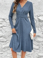 Women Casual Plain Spring/Fall Polyester V neck Loose Midi Long Sleeve H-Line Dresses