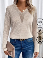 Women Casual Plain Spring/Fall Polyester V neck Micro-Elasticity Loose Long Sleeve Regular Shirts