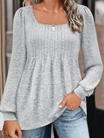 Women Casual Plain Spring/Fall Square neck Micro-Elasticity Loose Long Sleeve H-Line Regular T-shirts