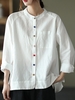 Women Casual Plain Spring/Fall Stand Collar Commuting Cotton And Linen Long Sleeve Regular H-Line Blouses