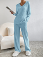 Women Casual Plain Spring/Fall V neck Natural Daily Loose Long Sleeve H-Line Two-Piece Sets