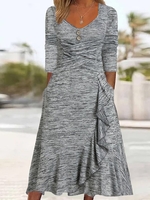 Women Casual Plain Spring/Fall V neck Natural Midi Long Sleeve H-Line No Dresses