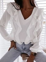 Women Casual Plain Spring/Fall V neck No Elasticity Daily Loose Long Sleeve Regular Shirts