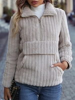 Women Casual Plain Spring/Fall V neck Zipper Micro-Elasticity Daily Loose H-Line Sweatshirts