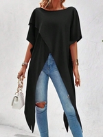 Women Casual Plain Summer Cotton Daily Short Sleeve Crew Neck Irregular Craftsmanship H-Line Shirts