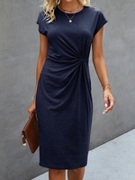 Women Casual Plain Summer Cotton High Elasticity Regular Fit Short Sleeve Crew Neck No Dresses