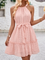 Women Casual Plain Summer Halter Natural Daily Short Sleeve Regular No Dresses