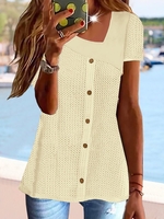 Women Casual Plain Summer Micro-Elasticity Daily Loose Short sleeve Mid-long Regular Shirts