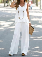 Women Casual Plain Summer Natural Daily Loose Elastic Band Crew Neck Medium Elasticity Two-Piece Sets