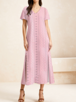 Women Casual Plain Summer Natural Micro-Elasticity Vacation Maxi Short Sleeve Regular Dresses