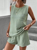 Women Casual Plain Summer Natural Sleeveless Crew Neck Top With Pants H-Line Regular Two-Piece Sets