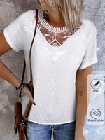 Women Casual Plain Summer No Elasticity Daily Loose Lace Crew Neck H-Line Shirts