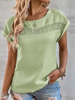 Women Casual Plain Summer No Elasticity Loose Crew Neck Regular Regular Lace Shirts