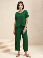 Women Casual Plain Summer No Elasticity Short Sleeve Crew Neck Top With Pants H-Line Regular Two-Piece Sets