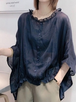 Women Casual Plain Summer Polyester Commuting Crew Neck Regular H-Line Regular Shirts