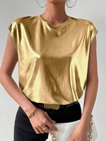 Women Casual Plain Summer Polyester Daily Loose Cap Sleeve Crew Neck Regular Shirts