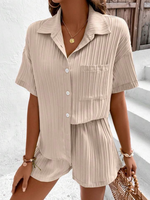 Women Casual Plain Summer Polyester Daily Loose Short Sleeve H-Line Shirt Collar Two-Piece Sets