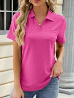 Women Casual Plain Summer Polyester Daily Loose Short Sleeve Shawl Collar H-Line Shirts