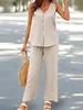 Women Casual Plain Summer Polyester Daily Loose Top With Pants H-Line Buckle Two-Piece Sets