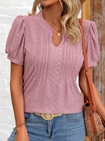 Women Casual Plain Summer Polyester Daily Short Sleeve H-Line Regular Notched Shirts