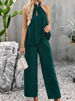 Women Casual Plain Summer Polyester Halter Natural Daily Loose Regular Two-Piece Sets