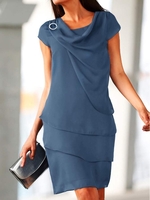 Women Casual Plain Summer Polyester Loose Short Buckle Regular Ruffled Skirt Dresses