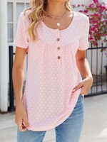 Women Casual Plain Summer Polyester Loose Short Sleeve Crew Neck Regular Buckle Shirts