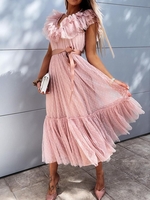 Women Casual Plain Summer Polyester Lotus Leaf Collar Regular Fit Lace Maxi Short Sleeve Dresses