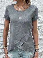 Women Casual Plain Summer Polyester Micro-Elasticity Regular Fit Short Sleeve Crew Neck Regular Shirts