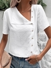 Women Casual Plain Summer Polyester Micro-Elasticity Short sleeve Shawl Collar H-Line Buckle Blouses