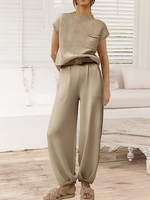 Women Casual Plain Summer Polyester Natural Daily Loose Short Sleeve H-Line Two-Piece Sets