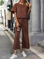 Women Casual Plain Summer Polyester Natural Daily Loose Top With Pants H-Line Two-Piece Sets