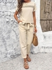 Women Casual Plain Summer Polyester Natural Daily Loose Top With Pants H-Line Two-Piece Sets