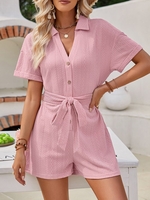Women Casual Plain Summer Polyester Natural Loose Short Sleeve Regular Shirt Collar Two-Piece Sets